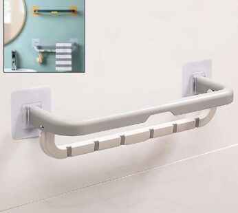 Wall Mounted Double Bar Towel Holder with Hooks | Multifunctional Adjustable Towels Rack for Kitchen / Bathroom | Folding Towel Shelf