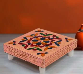 1 Pc Meenakari Wooden Chowki & Bajot Set: For Home & Office Puja (Multicolor)