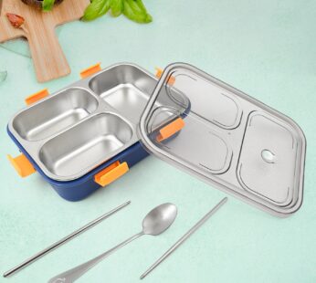 3 Compartment Transparent Stainless Steel Lunch Box with a Spoon and a Pair of Chopsticks (1 Set)