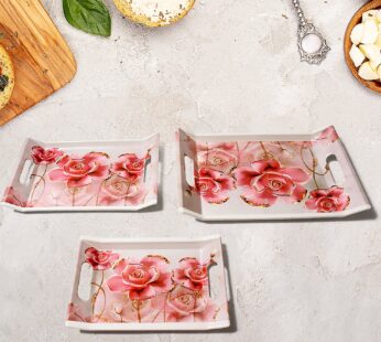 Plastic Rectangular Shape Flower Printed Design Serving Tray 3 pcs Home and Kitchen Use (3 pcs set)