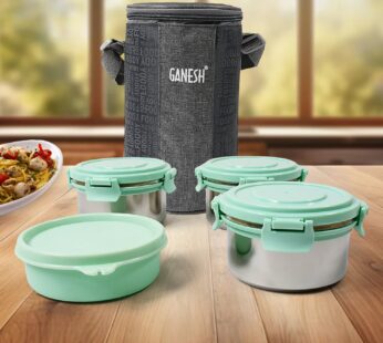 Ganesh 4In1 Tiffin Box-Lunch Box | 3 Stainless Steel Containers 300 Ml Approx & Plastic Salad Container 200 Ml Approx| Plastic lid Box | Round Zip Bag | Leak Proof | Microwave Safe for Office, College and School for Men, Women